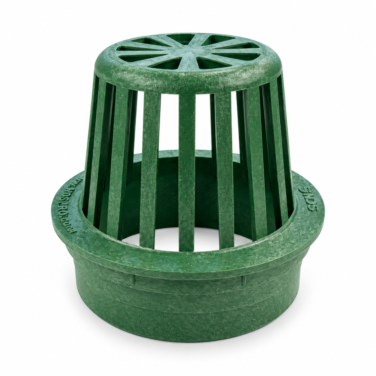 Green atrium drain grate, showing the raised basket shape above the drain opening