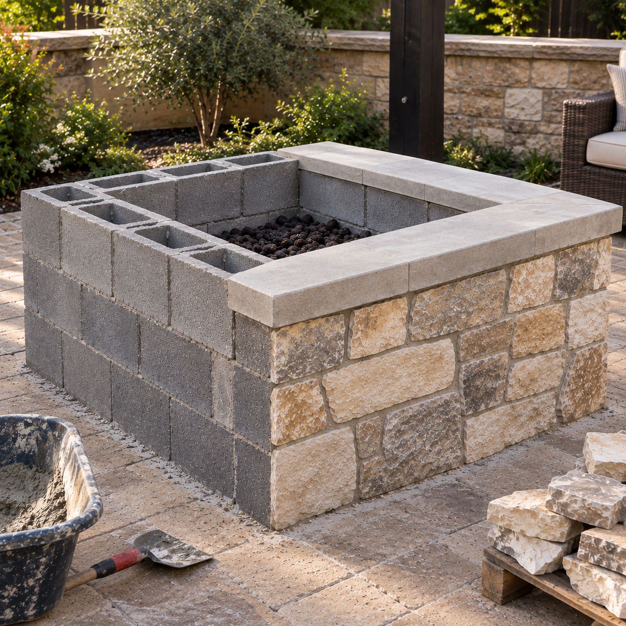 Square fire pit under construction, with the concrete block structure exposed on one side and stone veneer and a concrete cap finishing the other