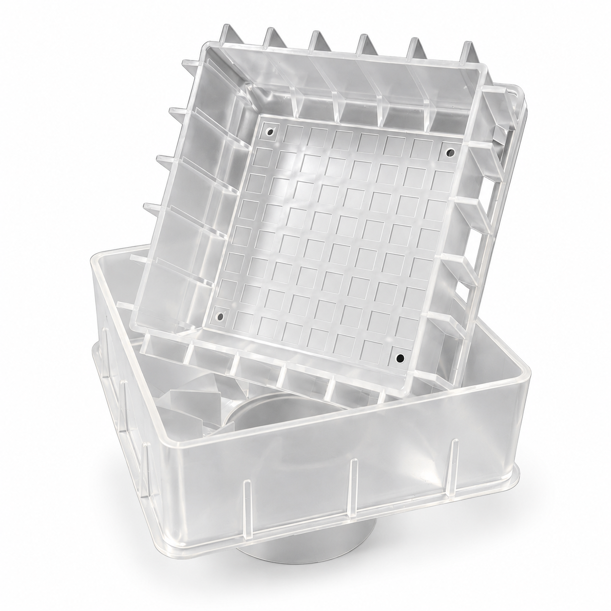 PouraDrain 6" square clear deck drain grate, showing the recessed grate and collar