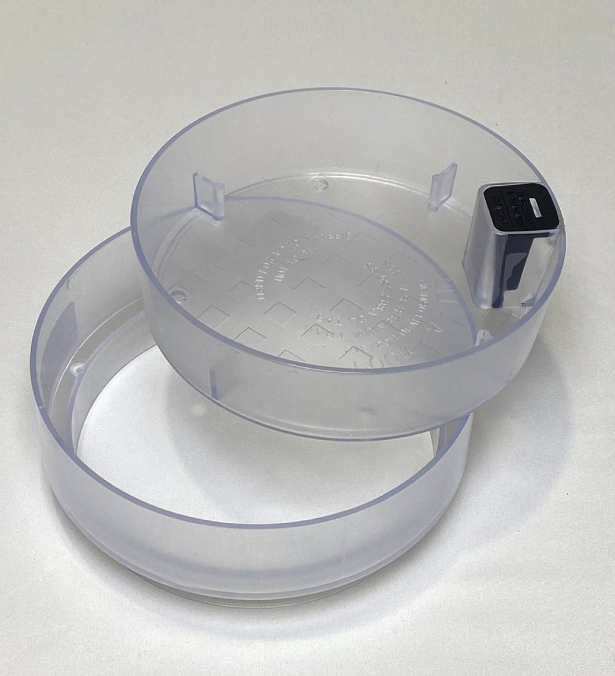PouraLid 6" round clear access lid, showing the collar and removable bowl