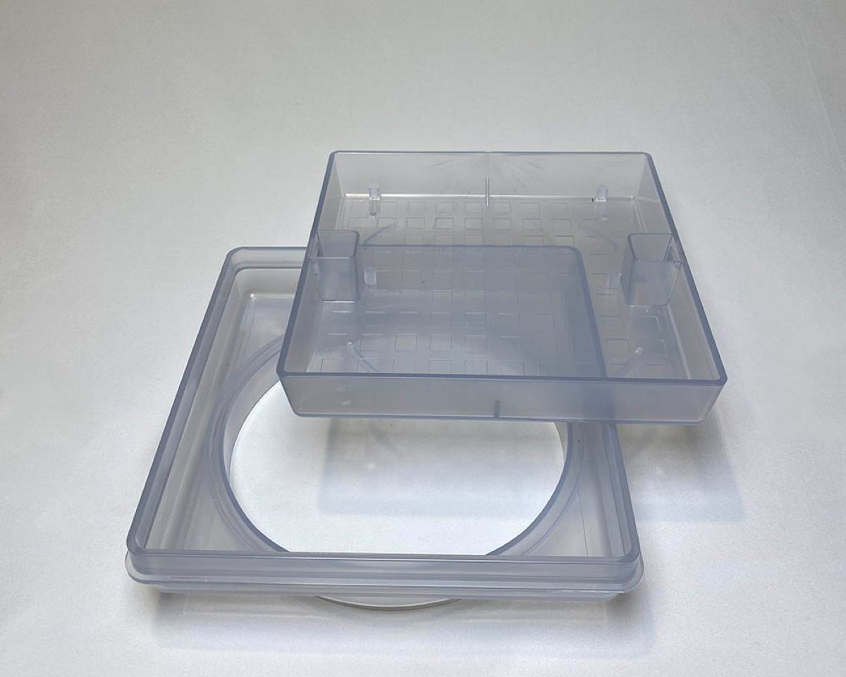 PouraLid 11" square clear swimming pool skimmer cover, showing the square collar and recessed bowl